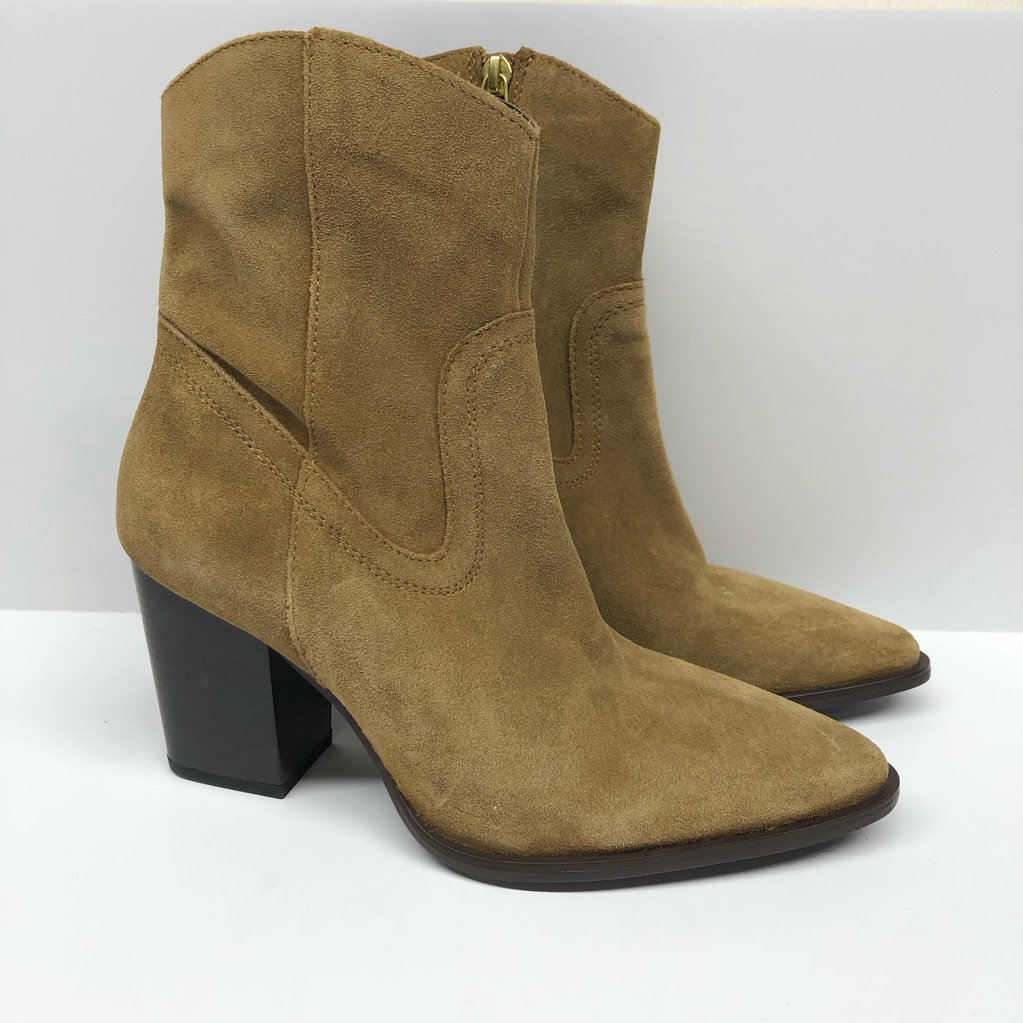 New Mango Mng 38 / 7.5 Tan Suede Ankle Block Heel Cowboy Boots Pointed Toe